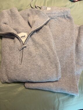 aerie Light Gray Waffle Quarter-Zip Sweater and matching wide legs pants